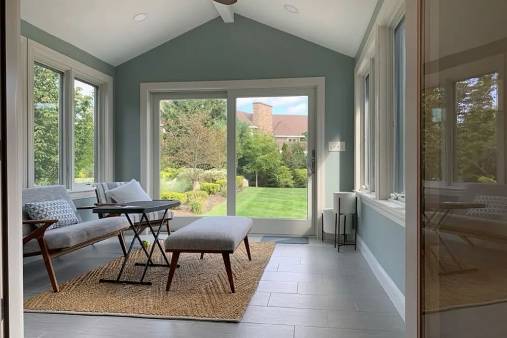Sunroom interior with vaulted ceiling, tile floor and sliding door to the yard in Westford, MA, by DeFaria Construction