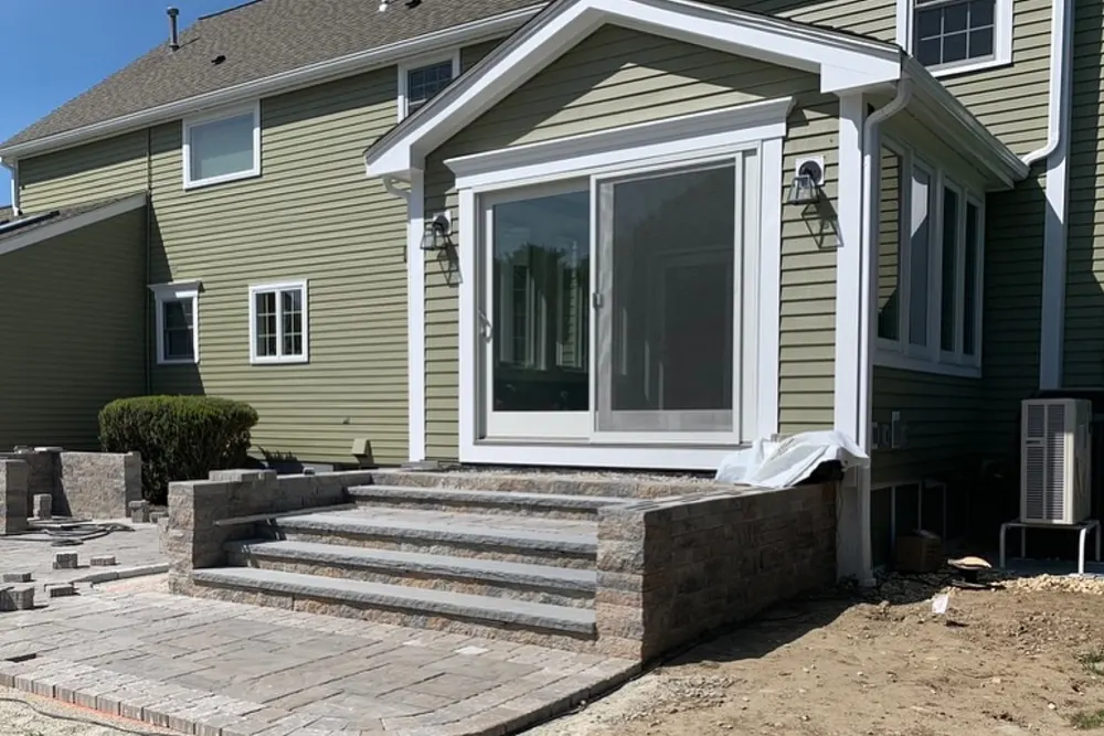 Sunroom addition with sliding door and new stone patio steps in Westford, MA, by DeFaria Construction