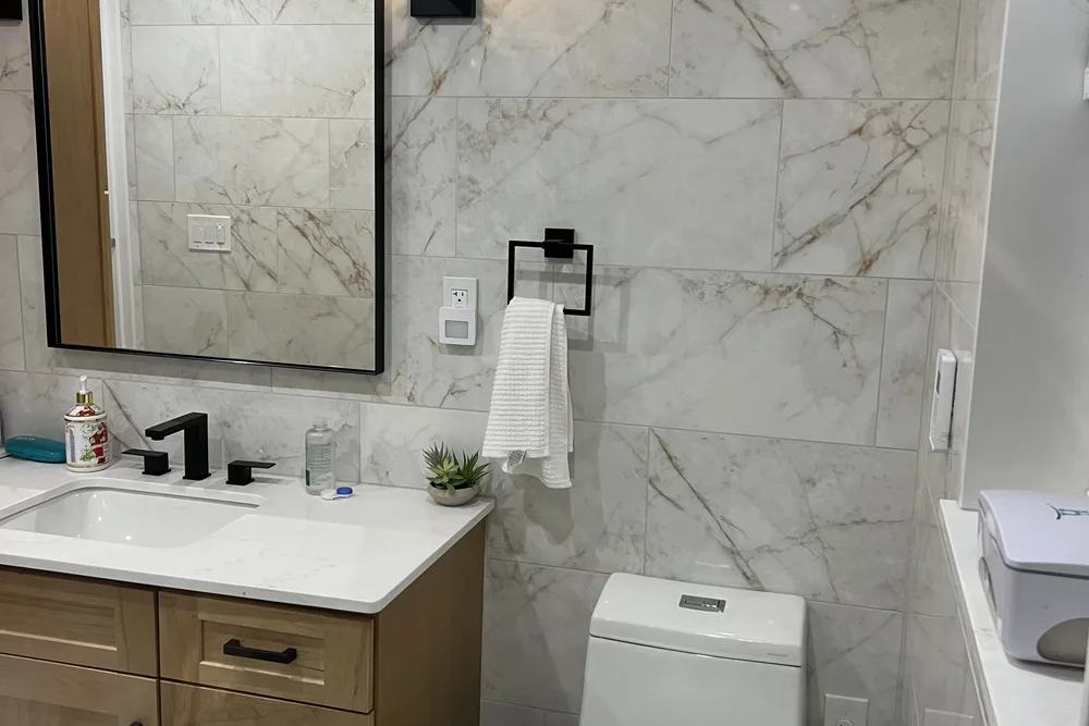 Finished bathroom remodeling in Danvers, MA, contractor homeowner bathroom estimate meeting