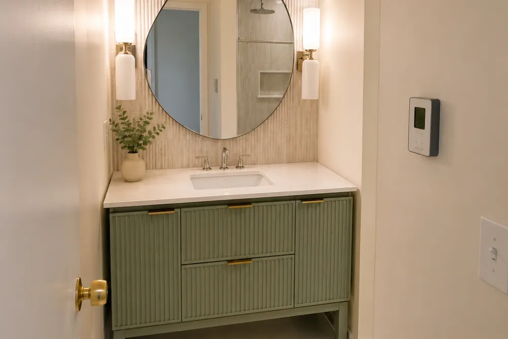 Sage green vanity with organic mirror and brass sconces in a DeFaria Construction bathroom