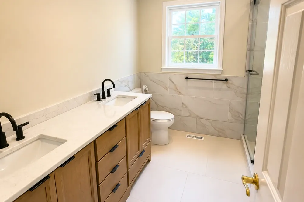 Bathroom with double wood vanity, porcelain tile floor and glass shower by DeFaria Construction