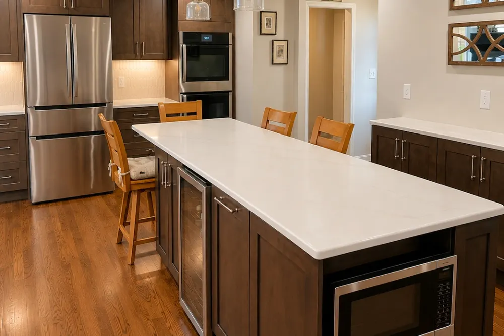 Kitchen remodel with dark wood cabinets and white quartz island by DeFaria Construction